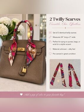 Set of 2 Pink & Cream Twilly Scarves – Purse Handle Wraps / Bag Accessories